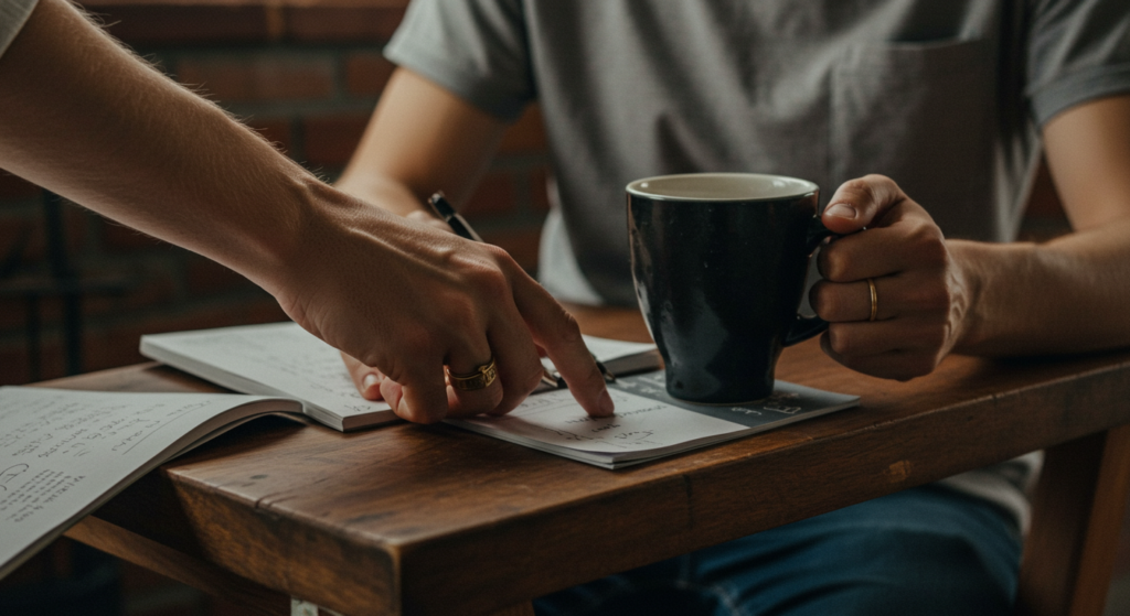 Person at a desk holding a coffee